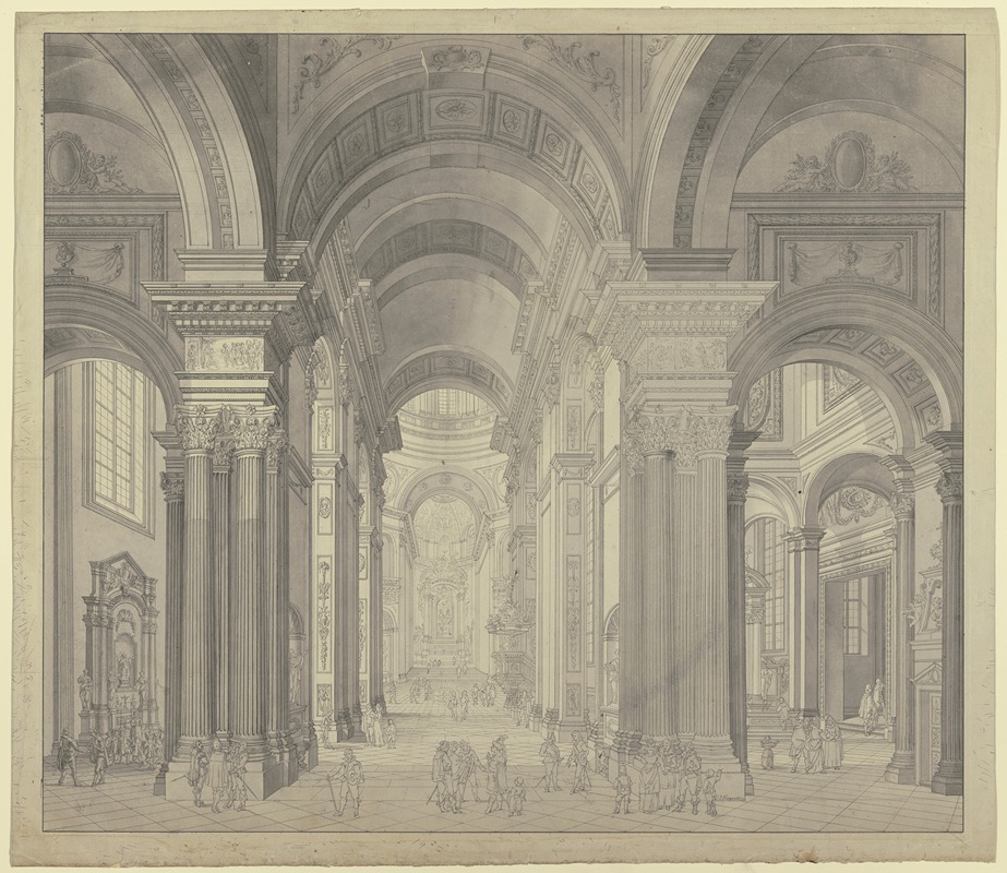 Johann Ludwig Ernst Morgenstern - Blick in das Innere einer Barockkirche mit Staffagefiguren in der Tracht des 17. Jahrhunderts