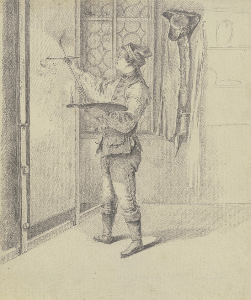 Johann Ludwig Ernst Morgenstern - Junger Maler, ein Rollbild (Tapete) malend, bei Kerzenlicht
