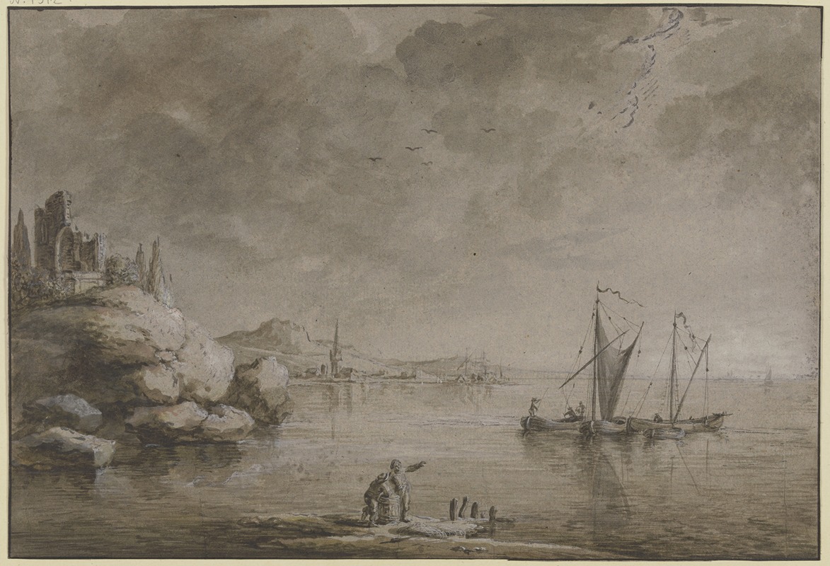 Johann Ludwig Ernst Morgenstern - Uferlandschaft mit Felsen, einer Ruine und einem Hafenstädtchen