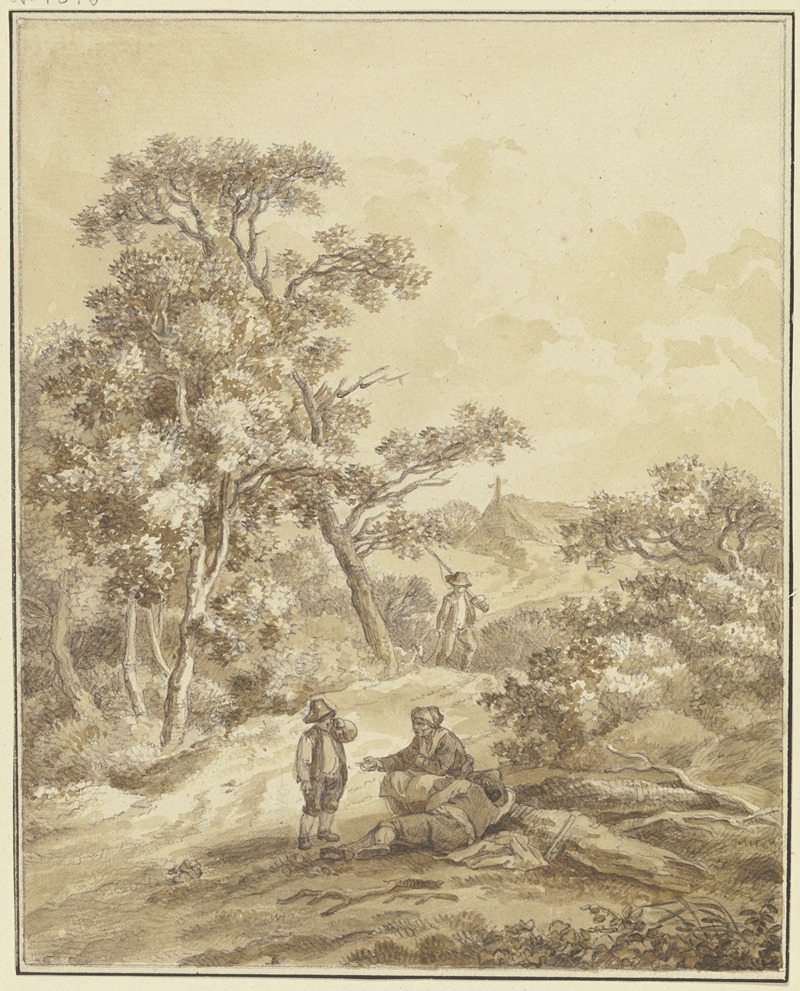 Johann Ludwig Ernst Morgenstern - Waldweg mit einem Jäger, im Vordergrund eine Frau mit zwei Knaben, der eine schlafend