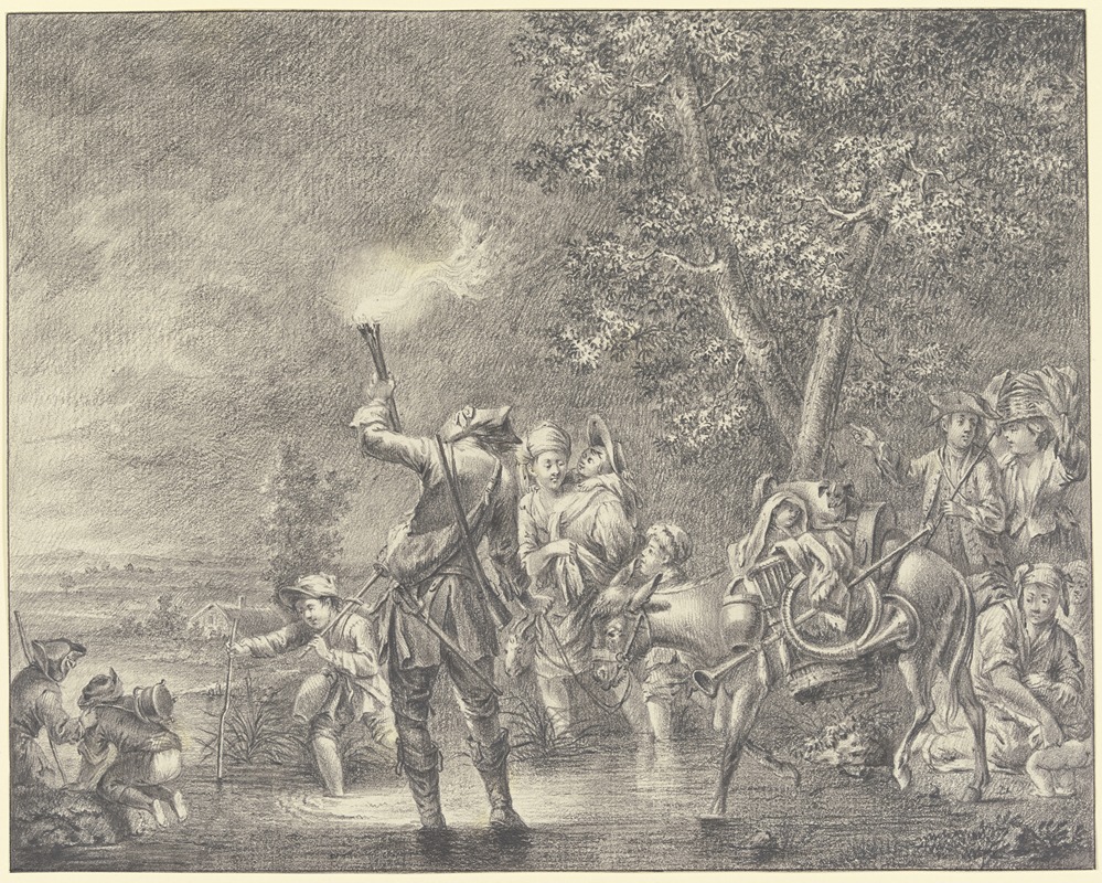 Johann Ludwig Ernst Morgenstern - Zigeuner mit Packesel ziehen in Begleitung eines Fackelträgers durch einen Bach