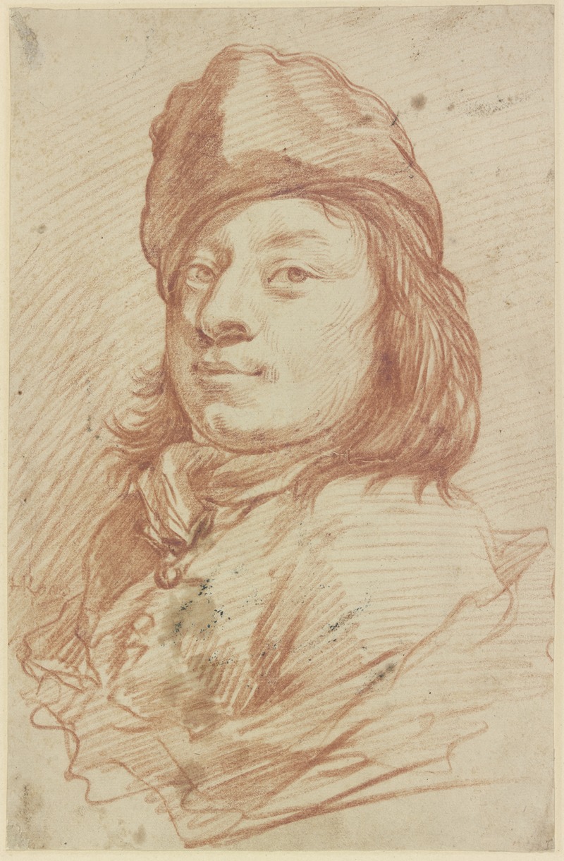 Johann Melchior Roos - Brustbild eines Mannes mit Mütze und langem Haar im Dreiviertelprofil nach links