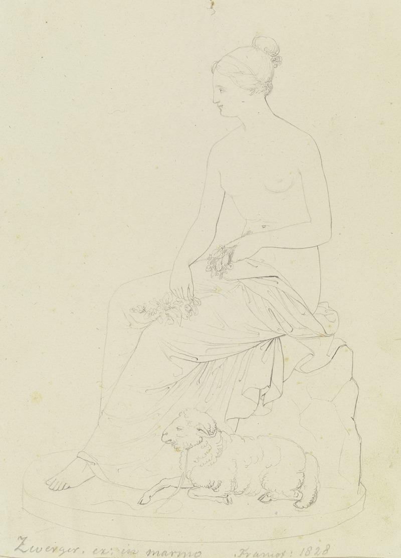 Johann Nepomuk Zwerger - Sitzende weibliche Figur mit Blumen in den Händen, zu ihren Füßen ein Lamm