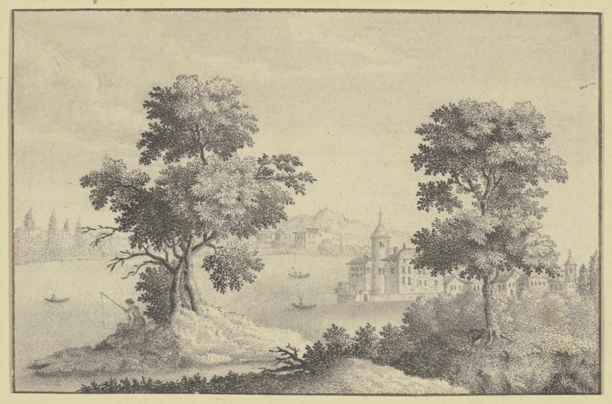 Johann Rudolf Studer - Zwei hohe Bäume mit Durchblick auf ein Wasserschloß und ferne Berge