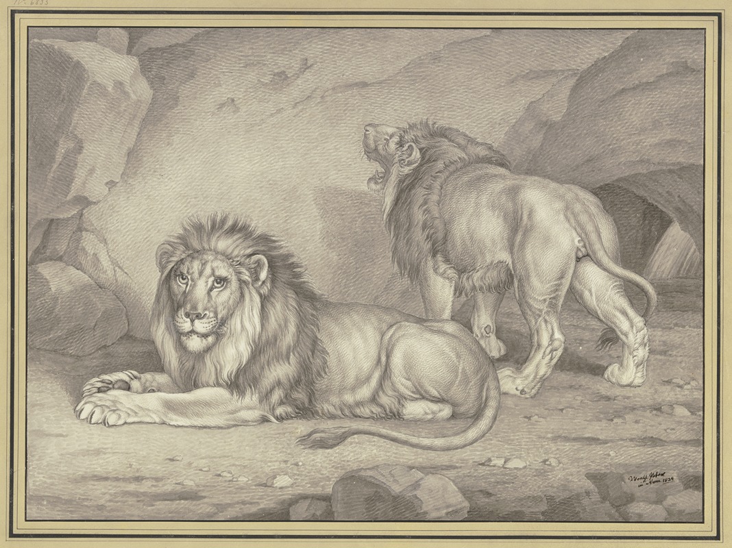 Johann Wenzel Peter - Liegender Löwe von der Seite nach links und stehender Löwe fast von hinten gesehen