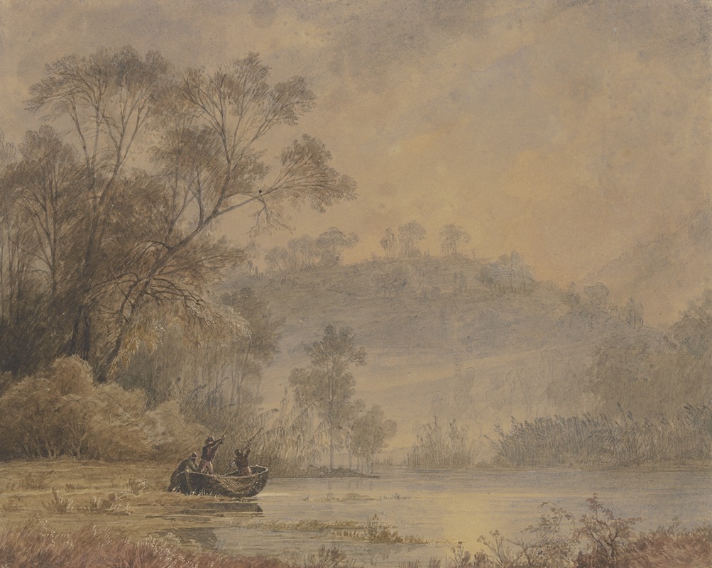 Johann Wilhelm Schirmer - Waldsee, von dessen Ufer ein Kahn mit drei Männern ablegt