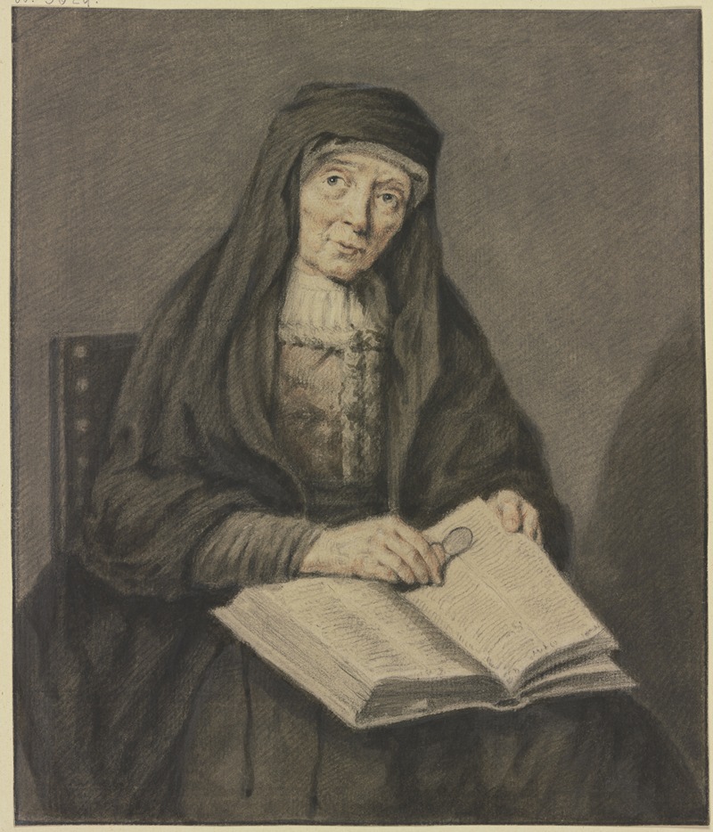 Johannes Pieter De Frey - Sitzende alte Frau in einem Buch lesend, sie hält die Brille in der Hand, Kniestück