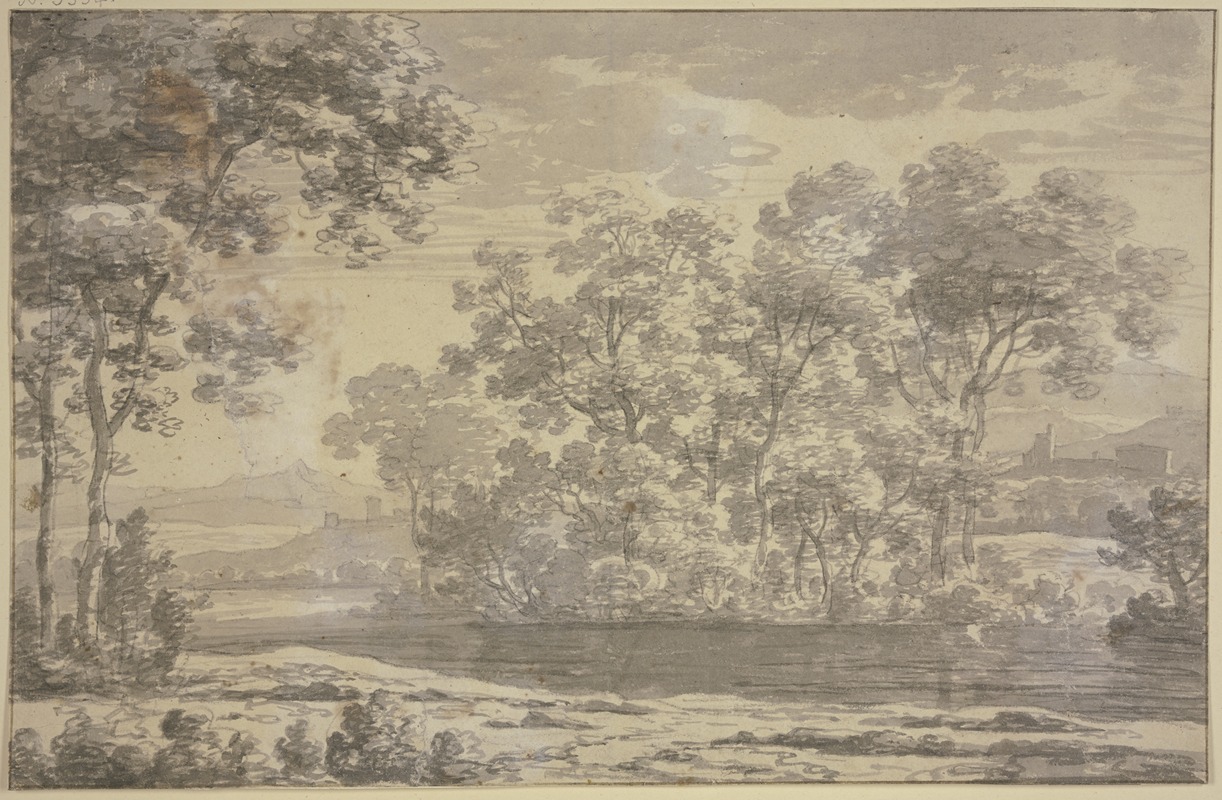 Joris van der Haagen - Group of trees near a water, with buildings in the middle ground and a mountain range in the background