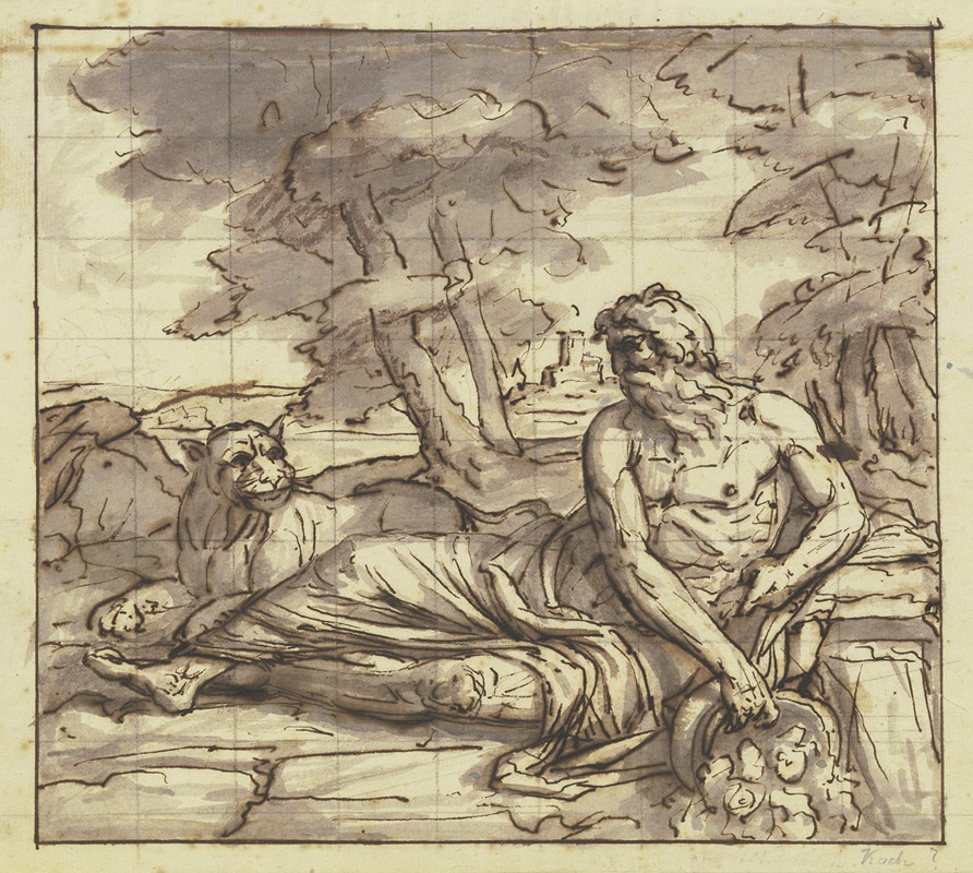 Joseph Anton Koch - Flußgott Tiber mit Löwin, an der Quelle ruhend