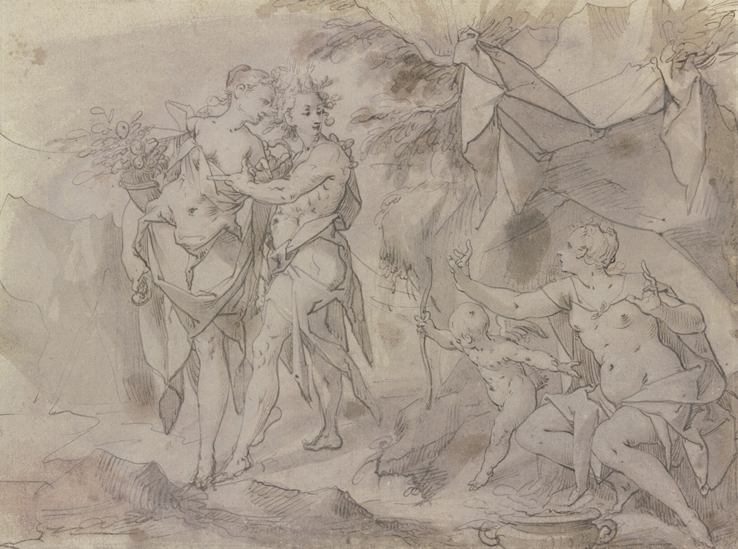 Joseph Heintz The Elder - Venus und Amor unter einem Zelt sitzend, links von ihnen stehen Flora und Zephir