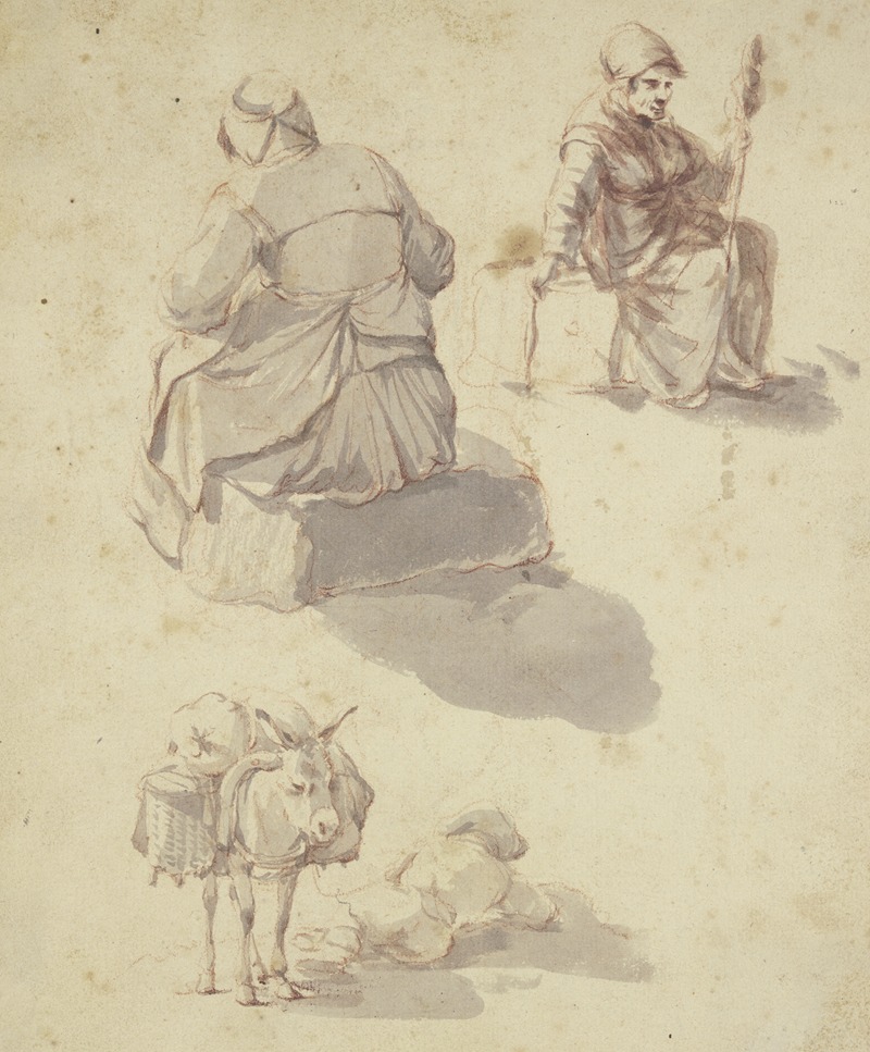 Karel Dujardin - Eine spinnende Frau, eine weitere sitzende Fau in Rückansicht sowie ein beladener Esel, neben ihm der schlafende Treiber