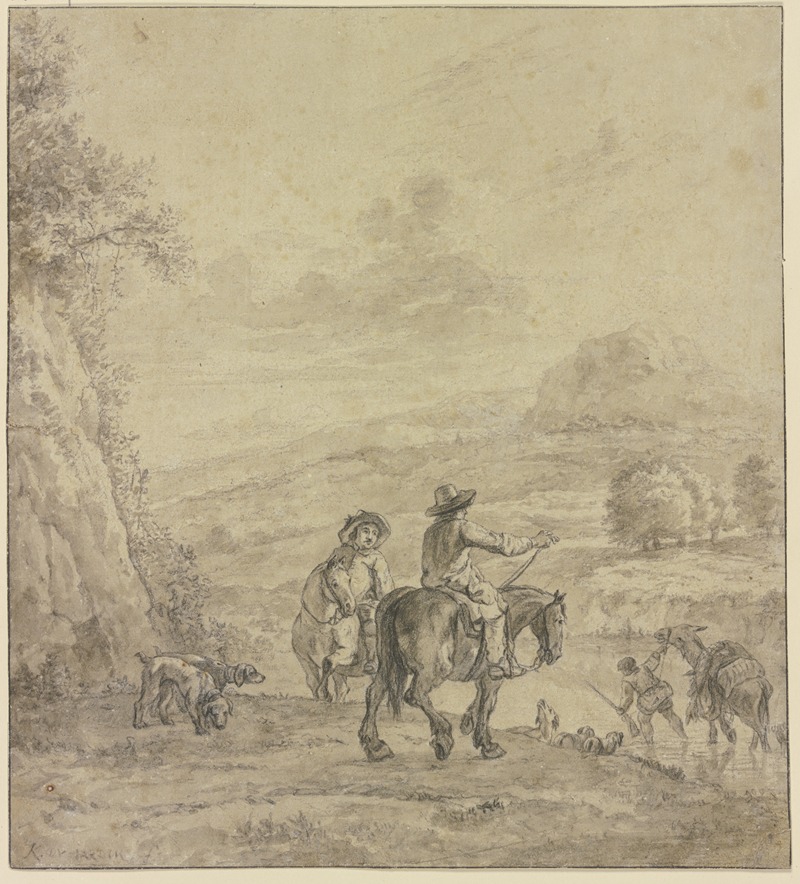 Karel Dujardin - Zwei Reiter an einem Wasser, durch welches ein bepackter Esel geführt wird