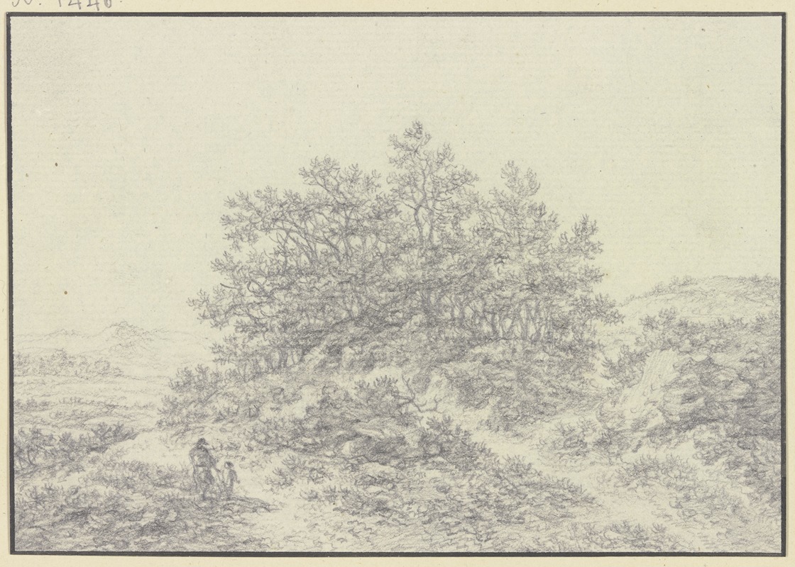 Karl Franz Kraul - Baumpartie auf steinigem Gelände, im Vordergrund ein Mann und ein Kind