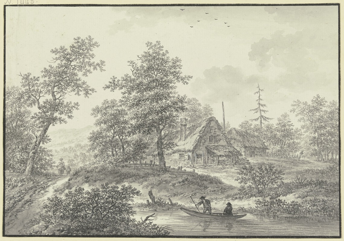 Karl Franz Kraul - Eichenwald mit zwei Strohhütten, im Vordergrund ein Bach mit zwei Bauern in einem Boot
