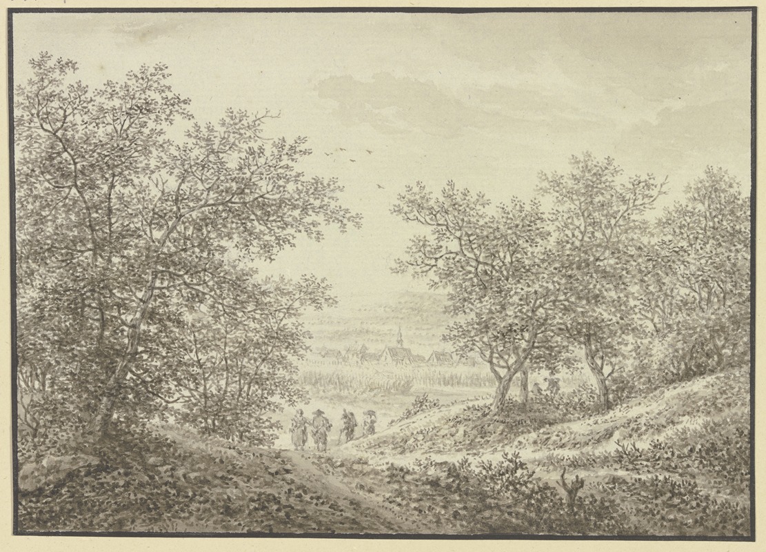 Karl Franz Kraul - Waldausgang mit Blick auf ein Dörfchen, im Vordergrund vier Figuren