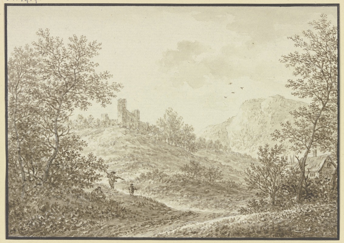 Karl Franz Kraul - Waldausgang mit Blick auf einen Hügel mit einer Ruine, im Vordergrund drei Figuren und rechts ein Bauernhof.