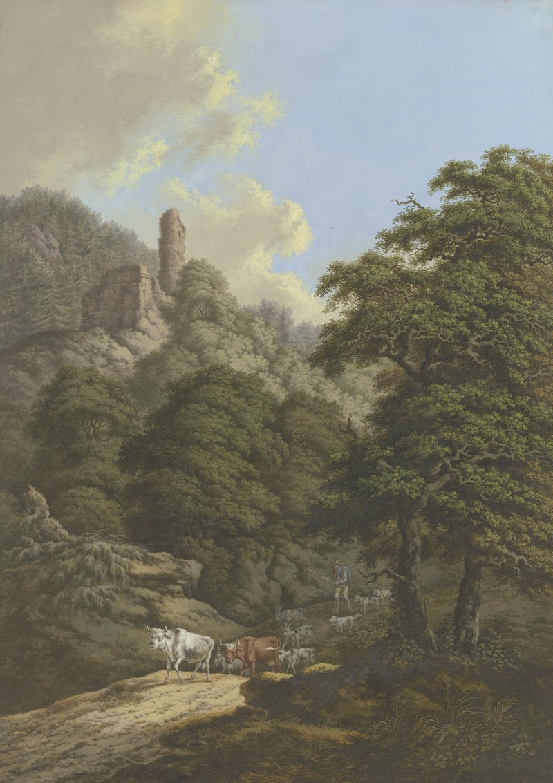 Karl Franz Kraul - Waldige Berglandschaft mit einer Burgruine, ein Hirte treibt seine Herde von der Weide