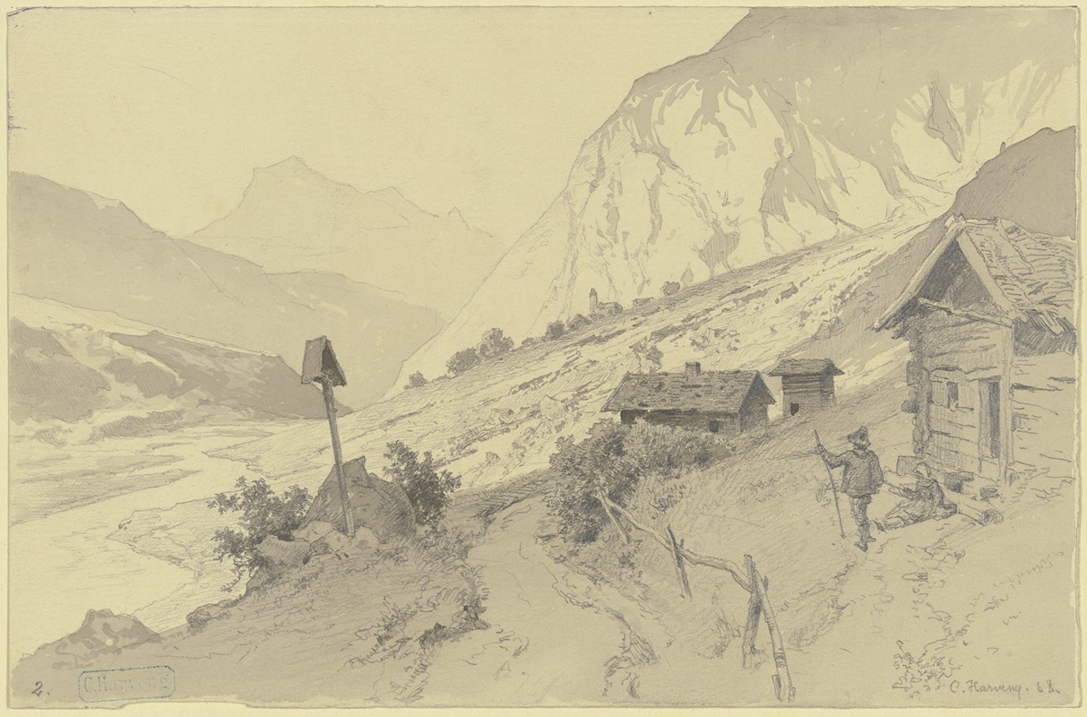 Karl Friedrich Harveng - Flusstal im Gebirge, rechts Hütten, davor Mann und Frau