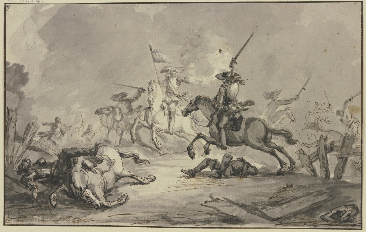 Jan Anthonie Langendijk - Reitergefecht, ein Standartenträger feuert eine Pistole gegen einen angreifenden Reiter ab