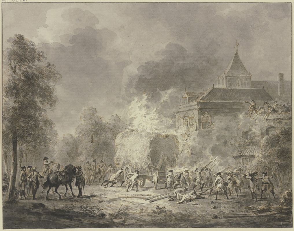 Jan Anthonie Langendijk - Truppen greifen hinter einem angezündeten Heuwagen ein Kloster an