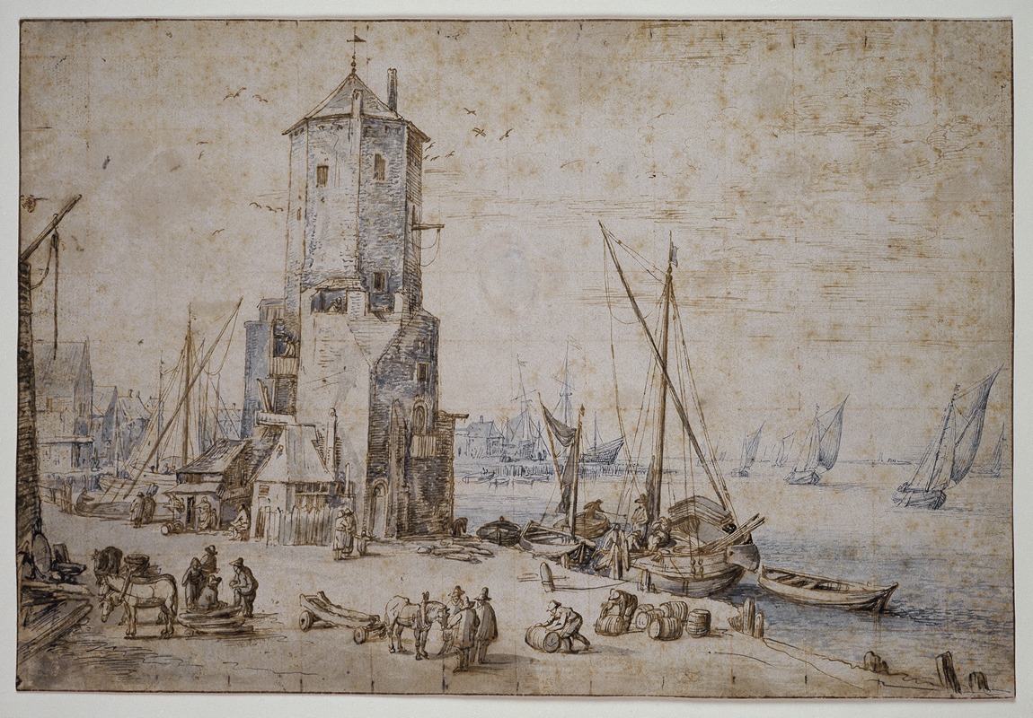 Jan Brueghel The Elder - Hafenansicht mit achteckigem Turm und Segelbooten
