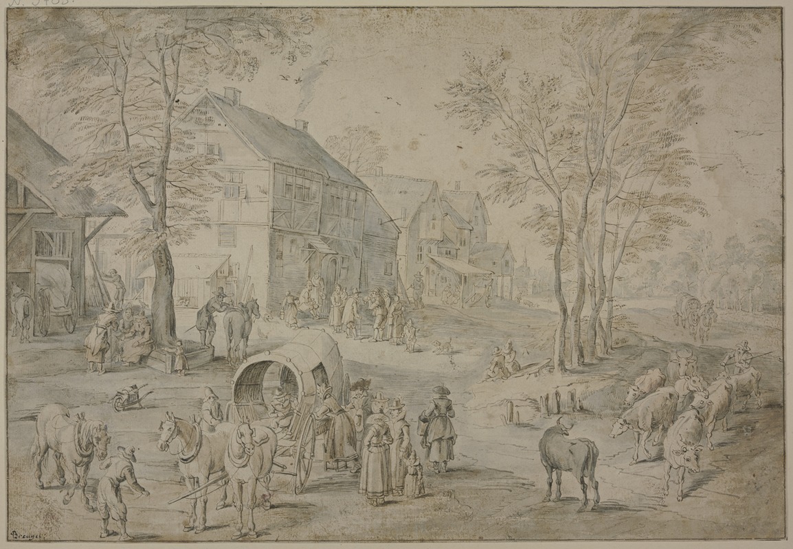 Jan Brueghel The Elder - Straße in einem Dorf mit vielen Figuren