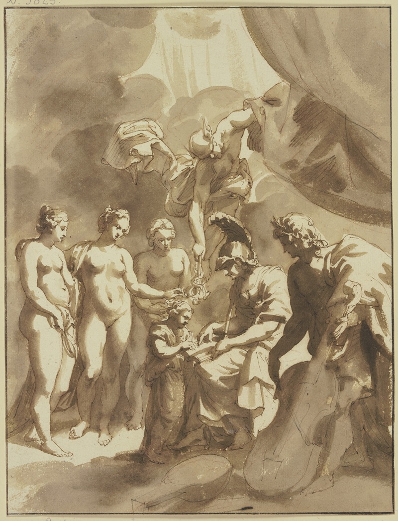 Jan de Bisschop - Minerva und Apollo unterweisen ein Kind in den Künsten und Wissenschaften, dabei die drei Grazien sowie Merkur