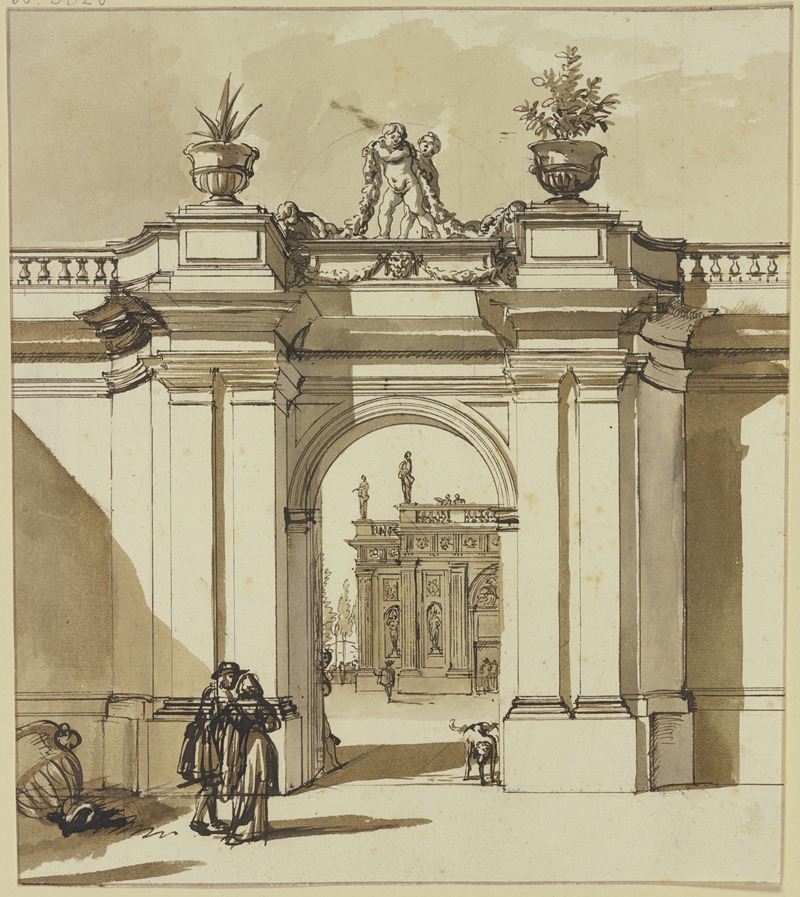 Jan de Bisschop - Portal eines Palastes, davor zwei Figuren und ein sitzender Hund