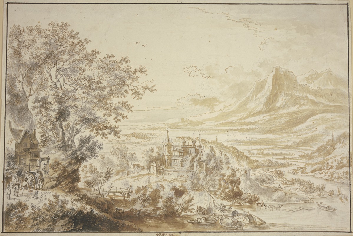 Jan Griffier - Ein Schloss an einem Fluss zwischen Bergen, links unter einer Baumgruppe ein Haus, dabei einige Figuren
