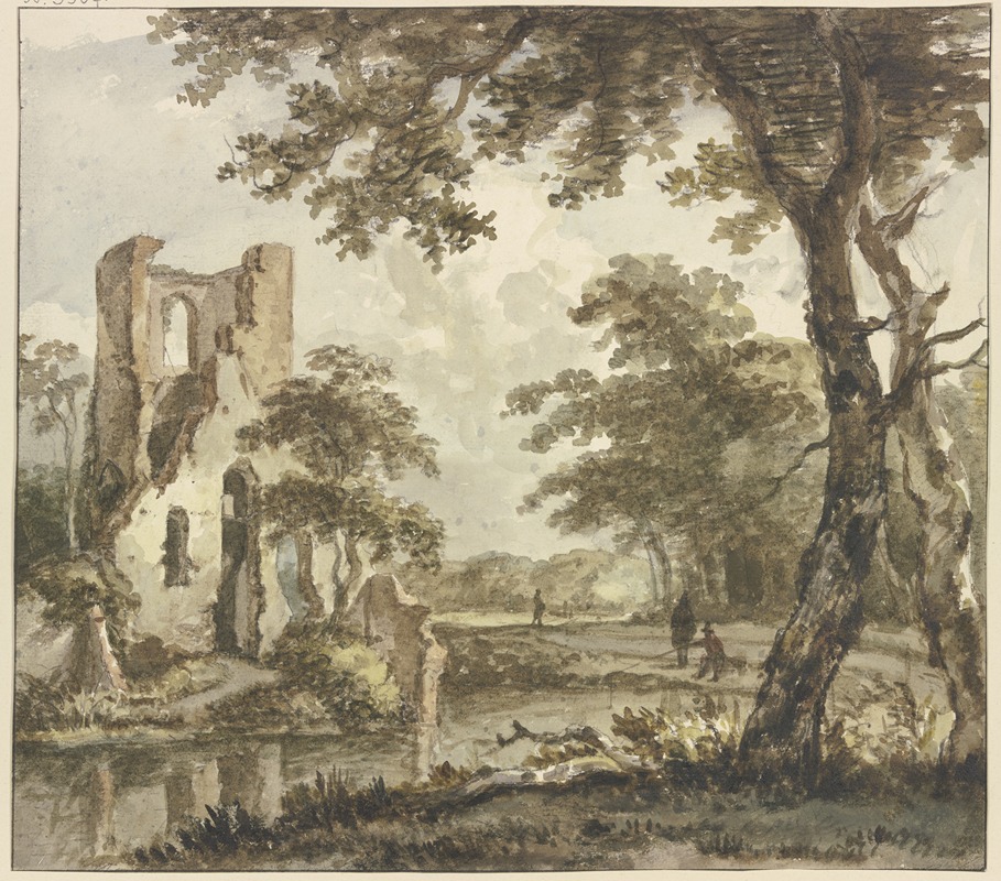 Jan Hulswit - Links am Wasser eine Ruine, rechts ein Angler und zwei weitere Figuren