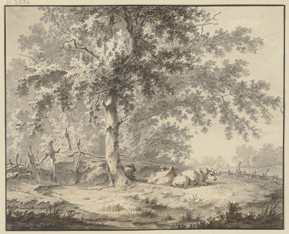 Jan Hulswit - Unter einer Eiche an einem Zaun ein Hirte mit zwei Kühen