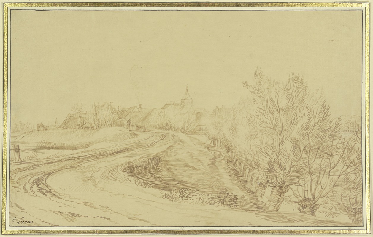 Jan Lievens - Dorfansicht mit einem Fahrweg, der an einem mit Weiden besetztem Graben hinführt