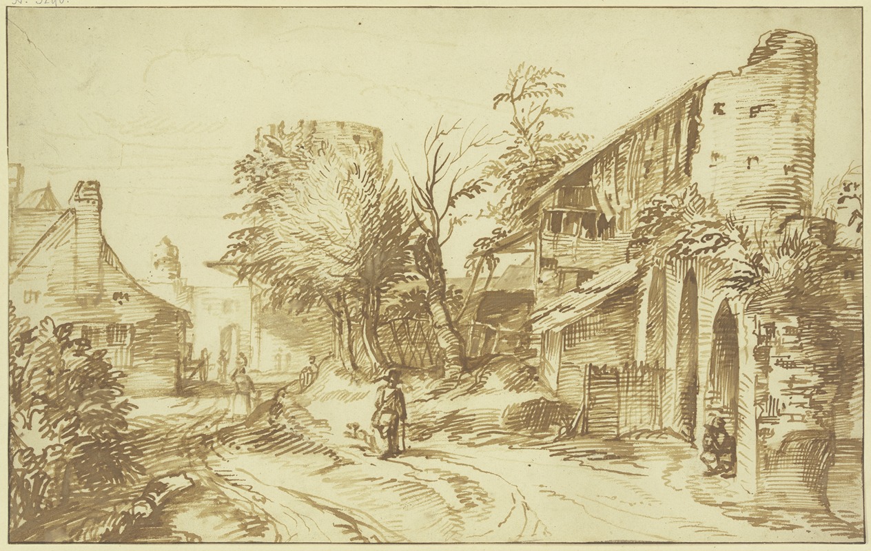 Jan Lievens - Dorfansicht, rechts eine alte Stadtmauer