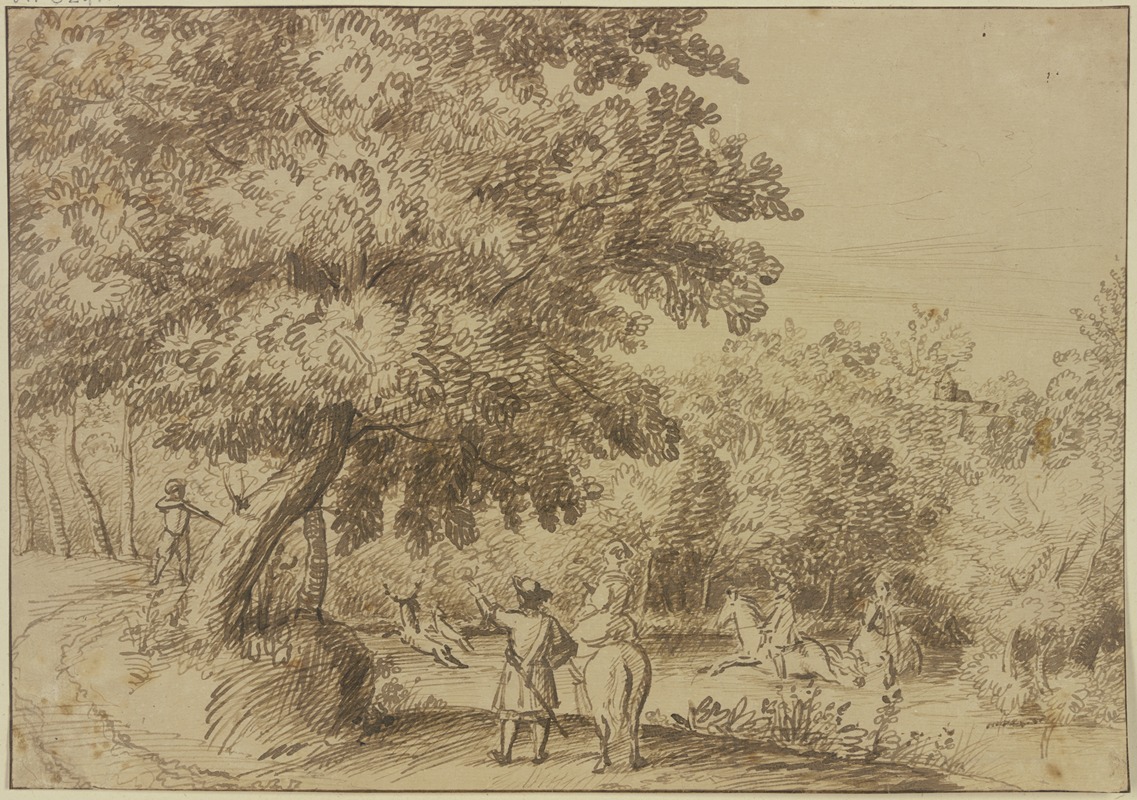 Jan Lievens - Waldpartie, zwei Reiter sprengen einen Hirsch durchs Wasser, eine Dame zu Pferde sieht zu
