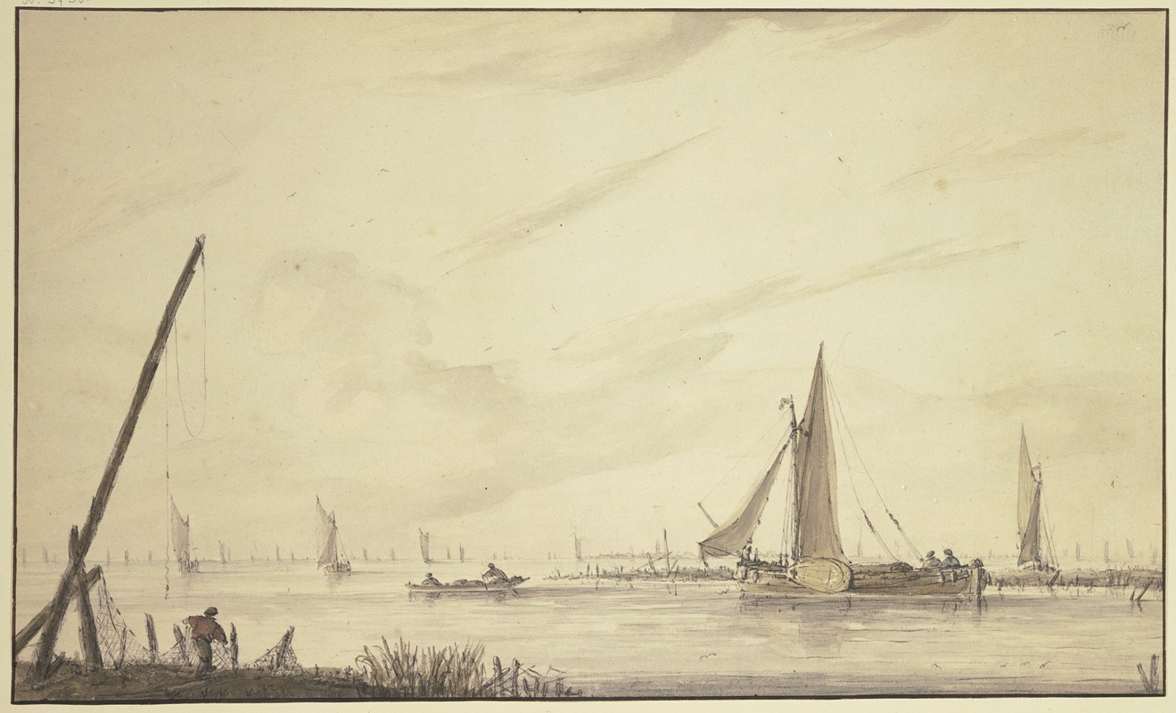 Jan van de Cappelle - Marine mit vielen Schiffen, links bei einer langen Signalstange ein Fischer mit Netzen