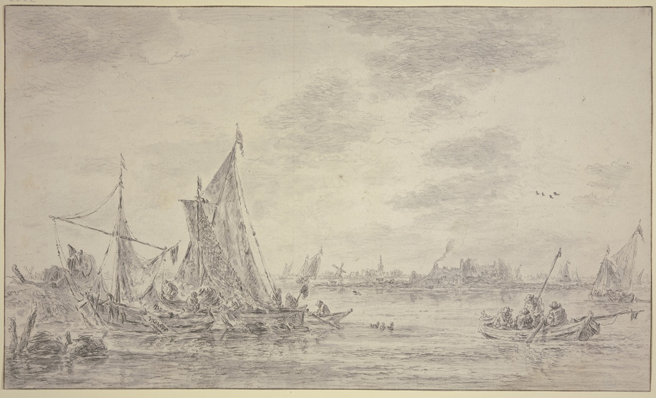 Jan van Goyen - Auf einem Fluss viele Fischerbote, rechts ein Dorf