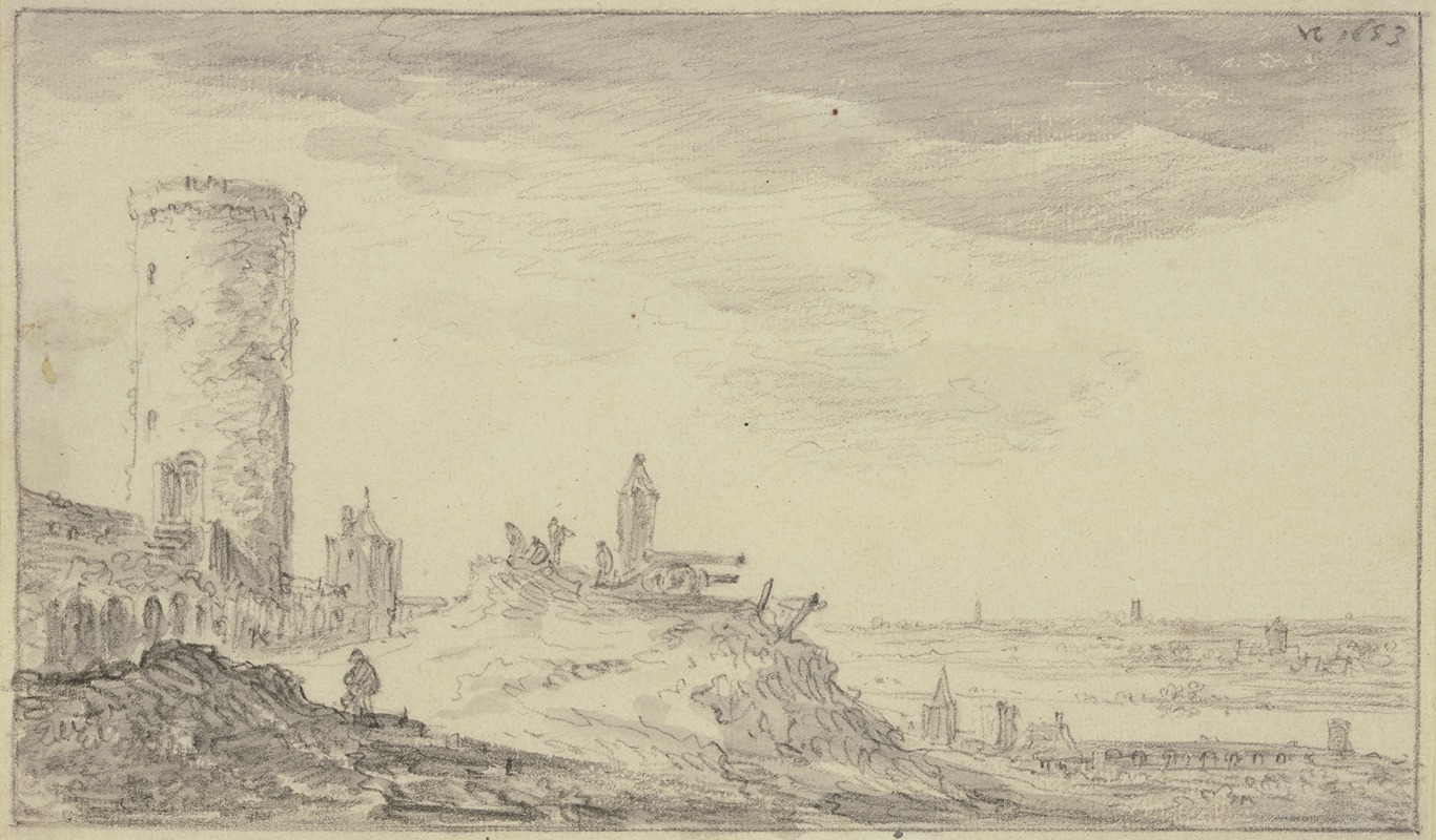 Jan van Goyen - Befestigung, bei einem Kundeturm zwei Kanonen und ein Schilderhaus