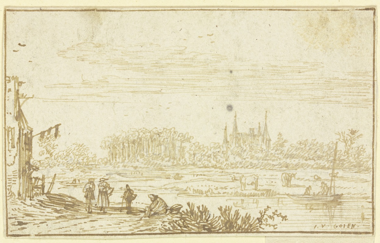 Jan van Goyen - Ein Haus am linken Flussufer, davor auf dem Weg links vier Figuren, am jenseitigen Ufer ein Boot, weiter zurück ein von Bäumen umgebenes Schloss