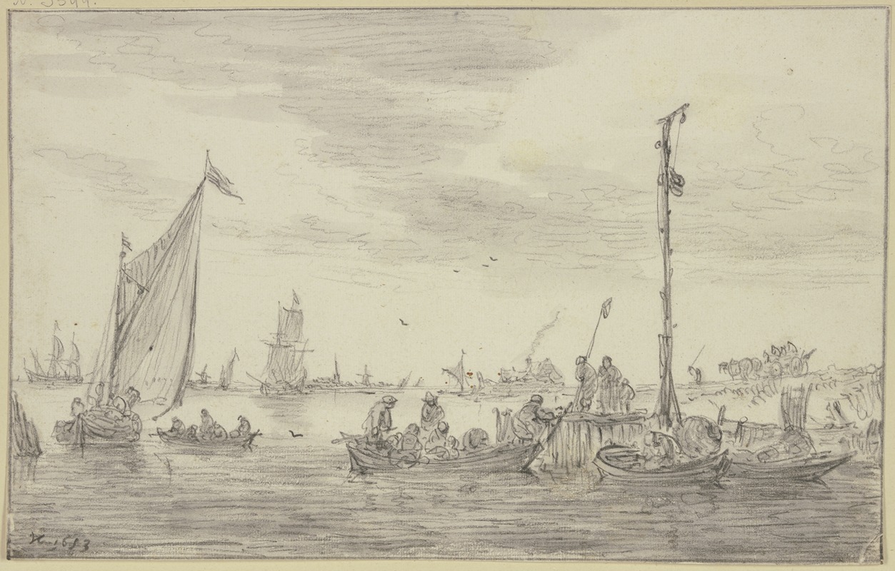 Jan van Goyen - Ein hoher Signalmast halbrechts auf einer Landungsstelle, an der Ruderboote liegen