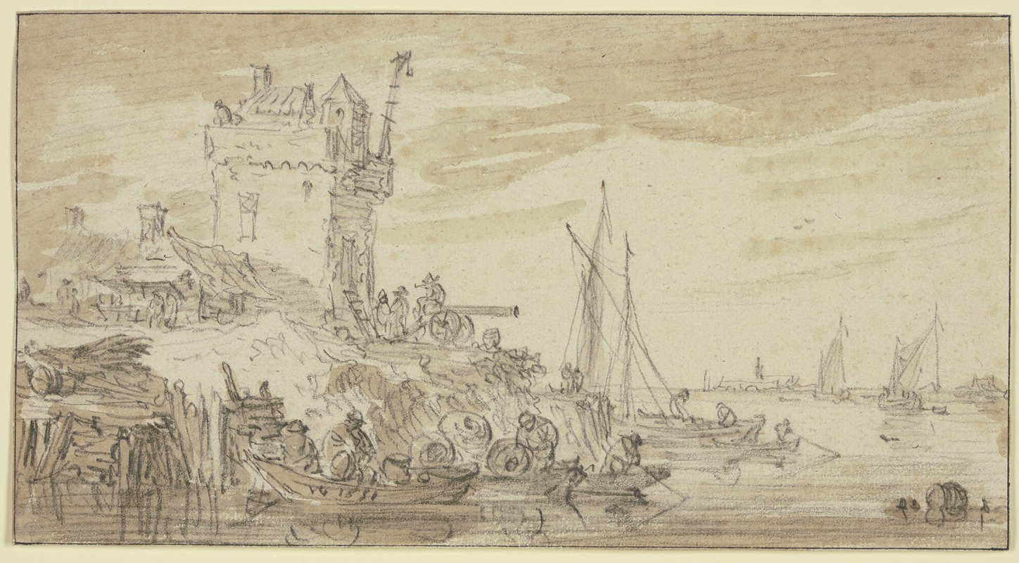 Jan van Goyen - Links an einem Fluss ein befestigter Turm, dabei eine Kanone auf welcher ein Mann sitzt