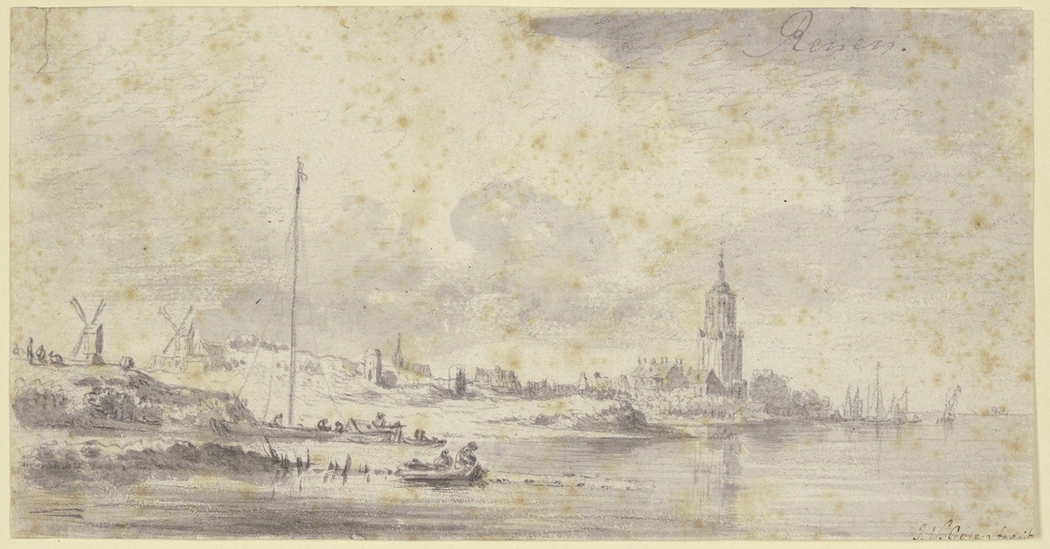 Jan van Goyen - Links an einem Fluss eine Stadt mit Kirche und Festungsmauer, weiter links zwei Windmühlen