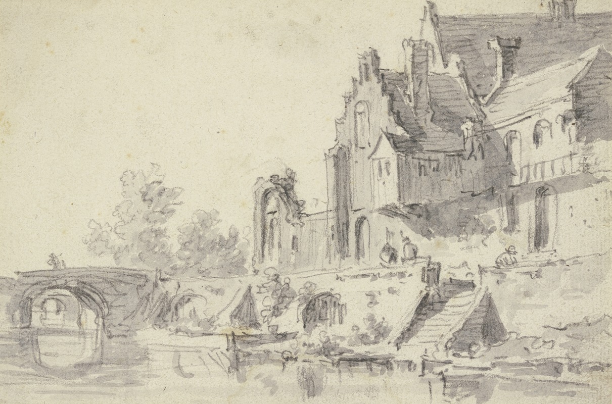 Jan van Goyen - Rechts an einem Wasser alte Häuser mit einer Treppe, über das Wasser führen zwei steinerne Brücken