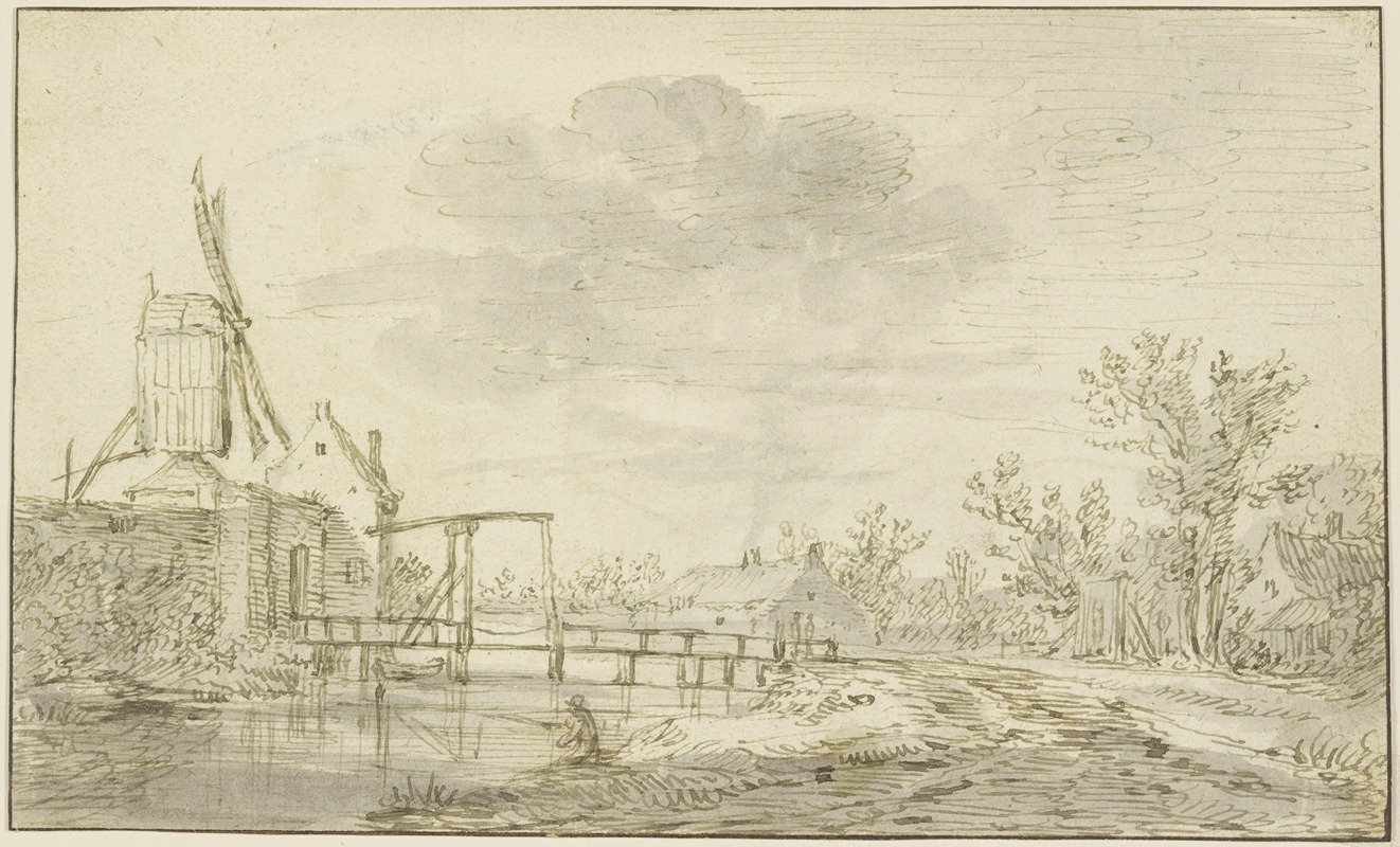 Jan van Goyen - Windmühle auf einer Mauer links, zu der eine Zugbrücke über einen Bach führt