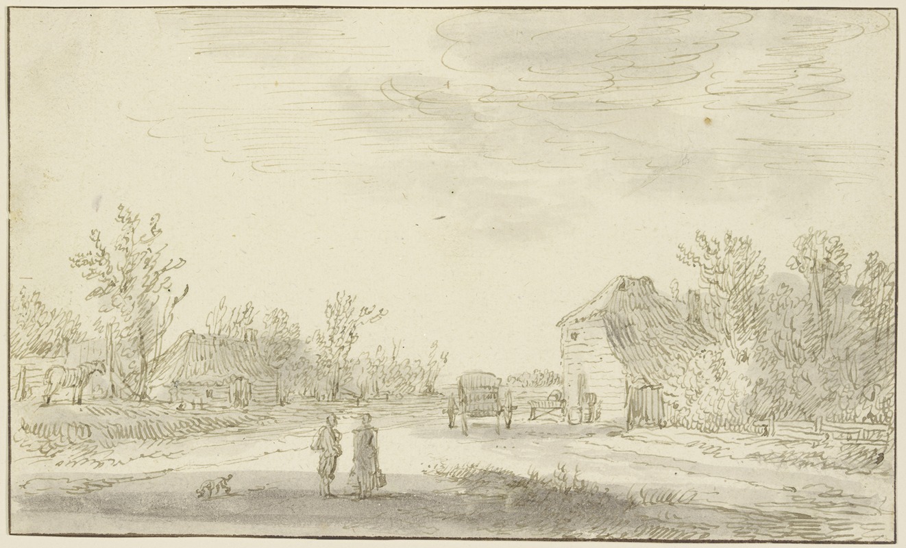 Jan van Goyen - Zwei Figuren und ein Hund vorn auf einem Weg, rechts zurück hält ein Karren vor einem Gehöft, dahinter Bäume