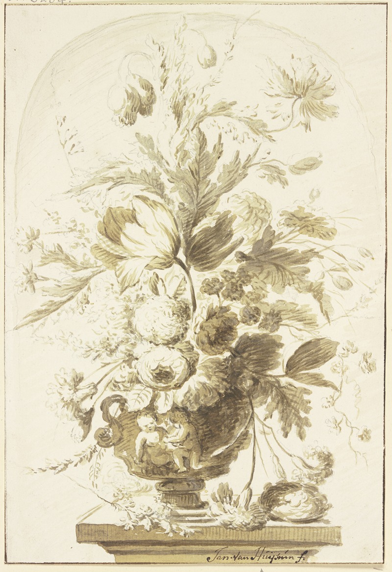 Jan van Huysum - Bouquet in einer Vase in einer Nische stehend