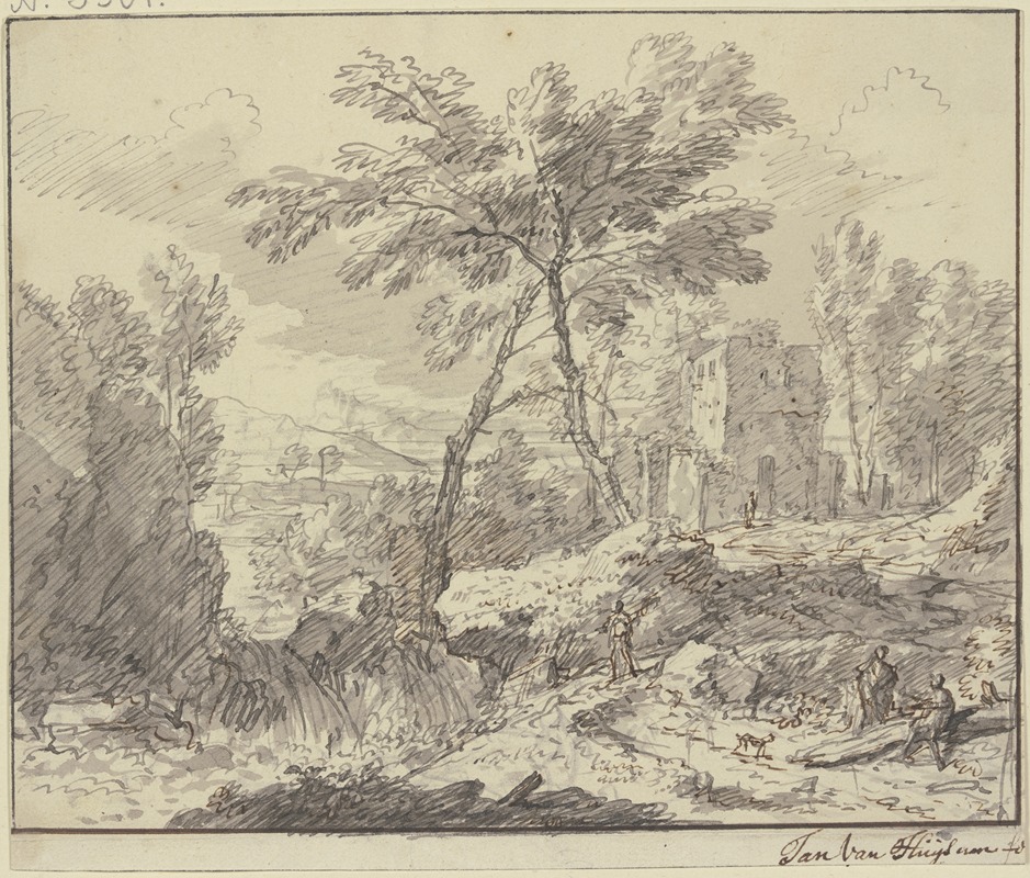 Jan van Huysum - Landschaft mit einem Wasserfall, rechts an einem Baumstamm zwei Figuren