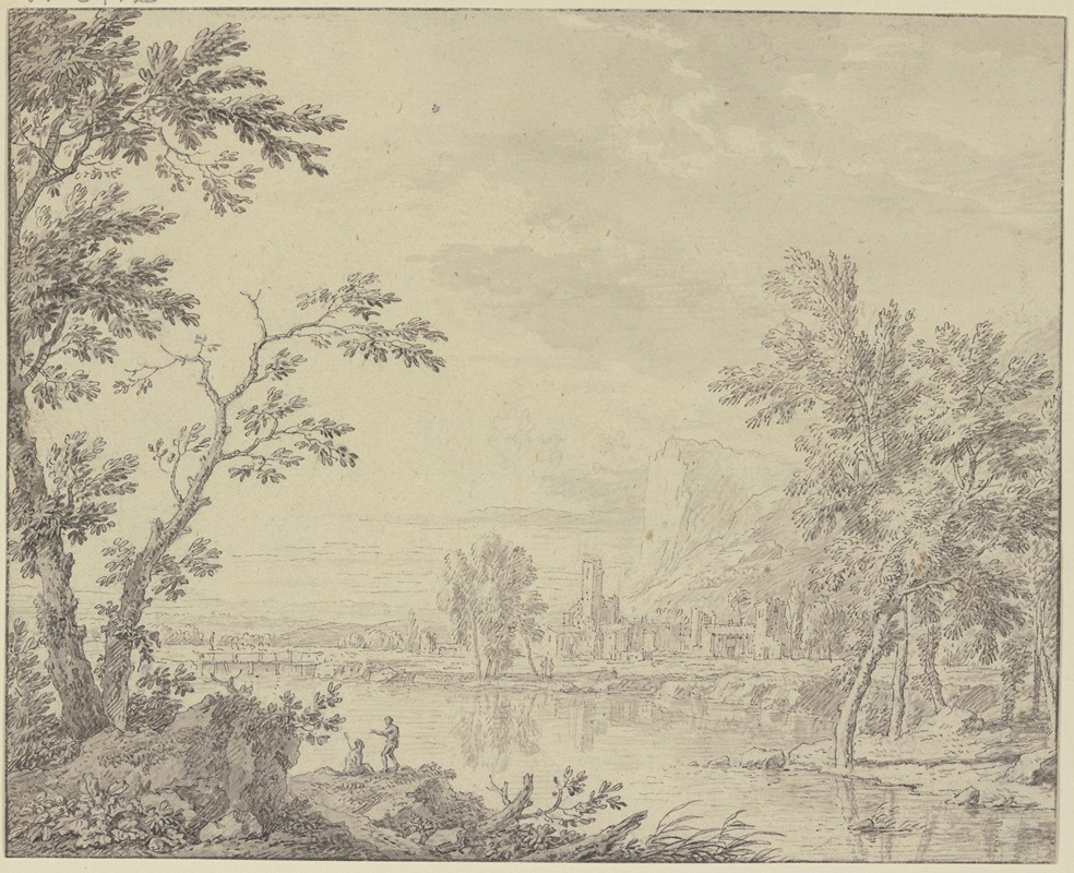 Jan van Huysum - Landschaft mit einer Stadt am Wasser