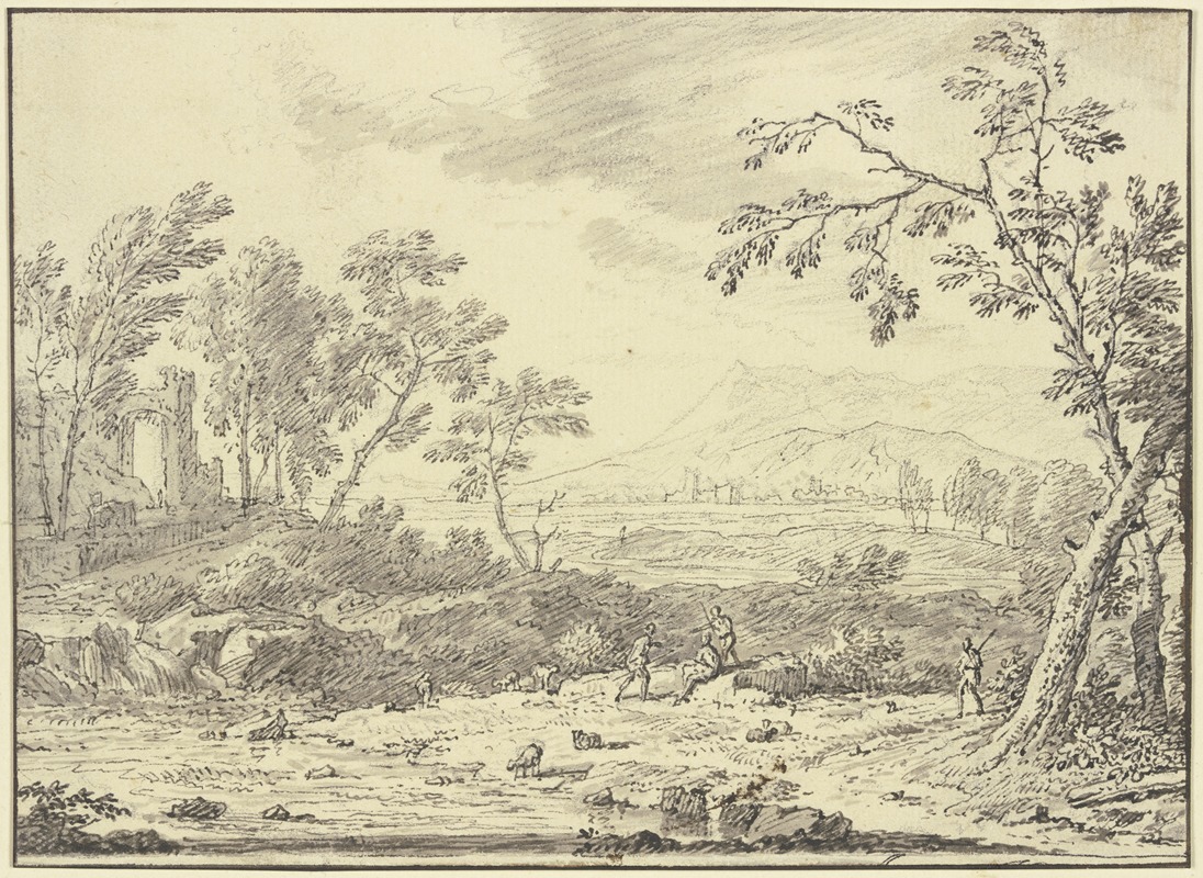Jan van Huysum - Landschaft mit Ruinen, vorne ein Hirte bei Schafen
