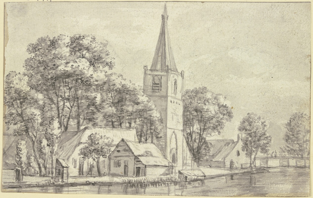 Jan Van Kessel The Elder - Dorfkirche unter Bäumen am Kanal