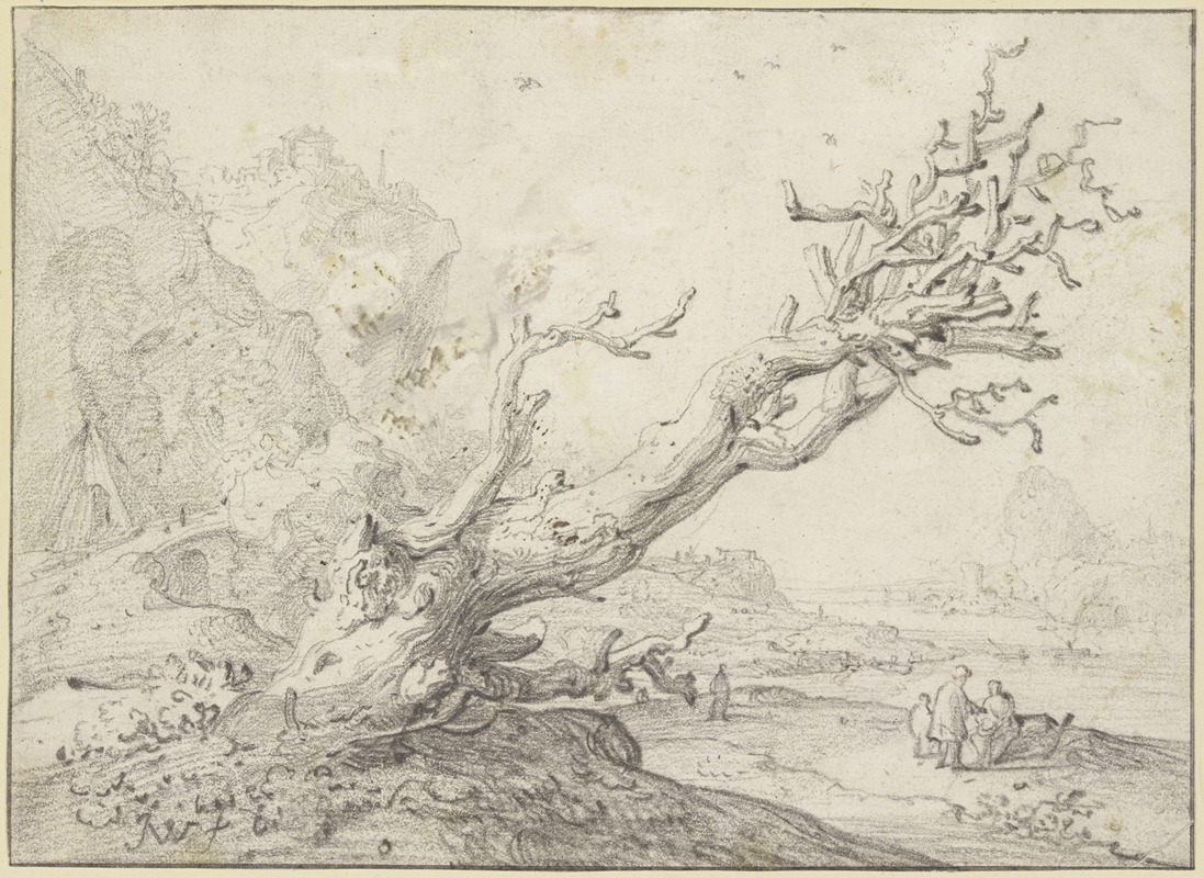 Jan Weenix - Alter dürrer Baum querüber nach rechts hängend, im Hintergrund eine Flußgegend mit mehreren Figuren